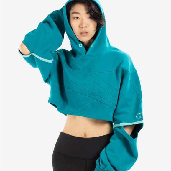 Reebok x Cardi B Teal Cropped Hoodie w/ Open Elbows - Picture 14 of 15